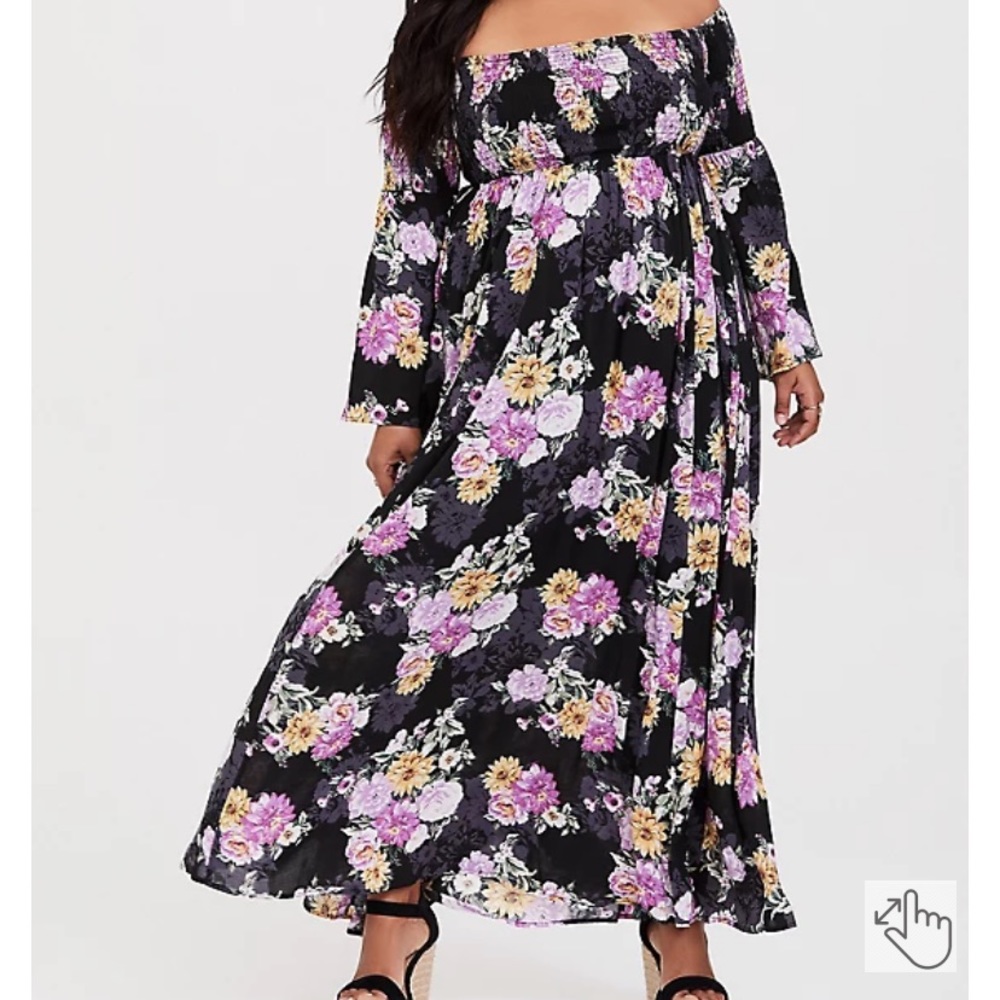 Black Floral Challis Off Shoulder Maxi Dress